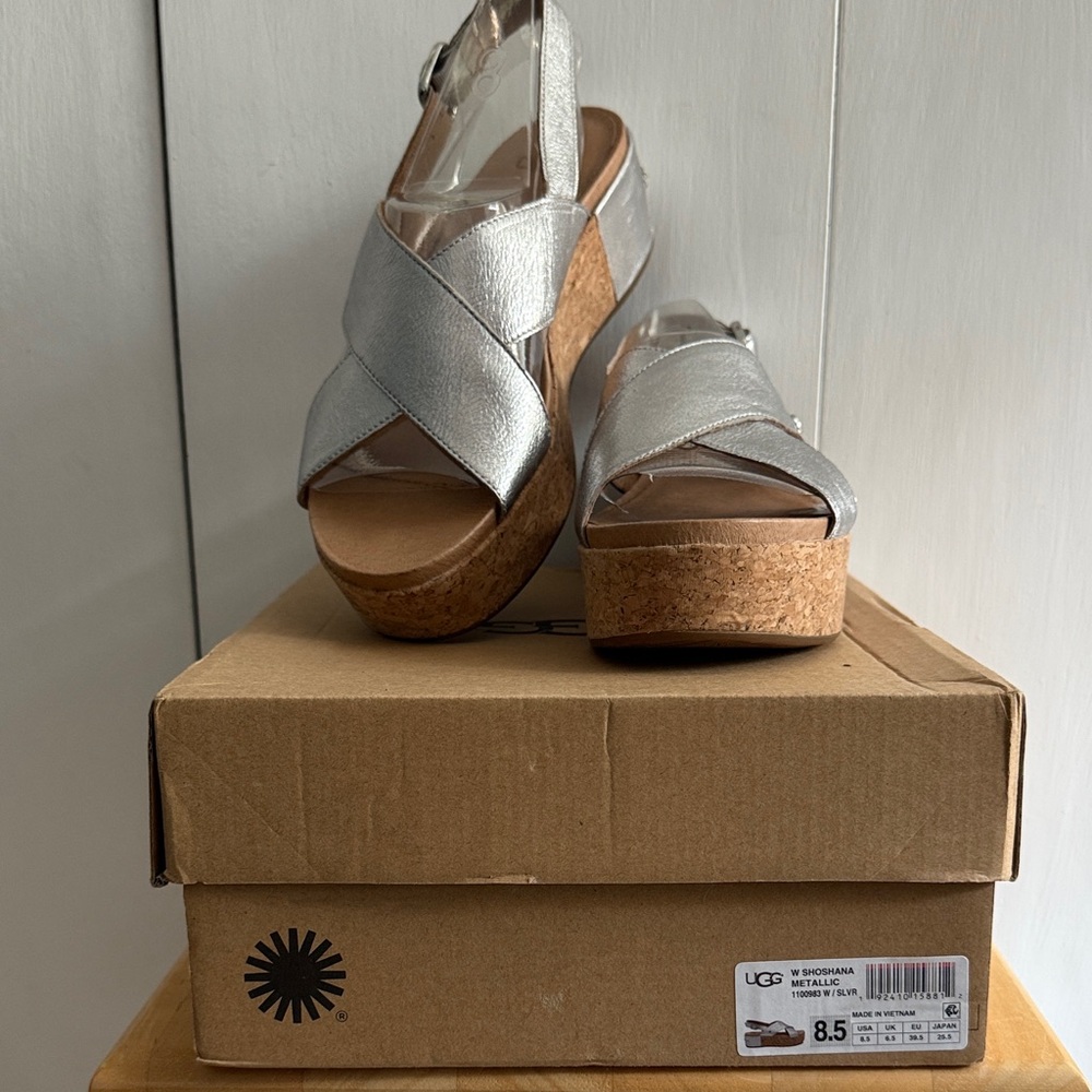 UGG Shoshana Silver Platform Sandals, 8.5